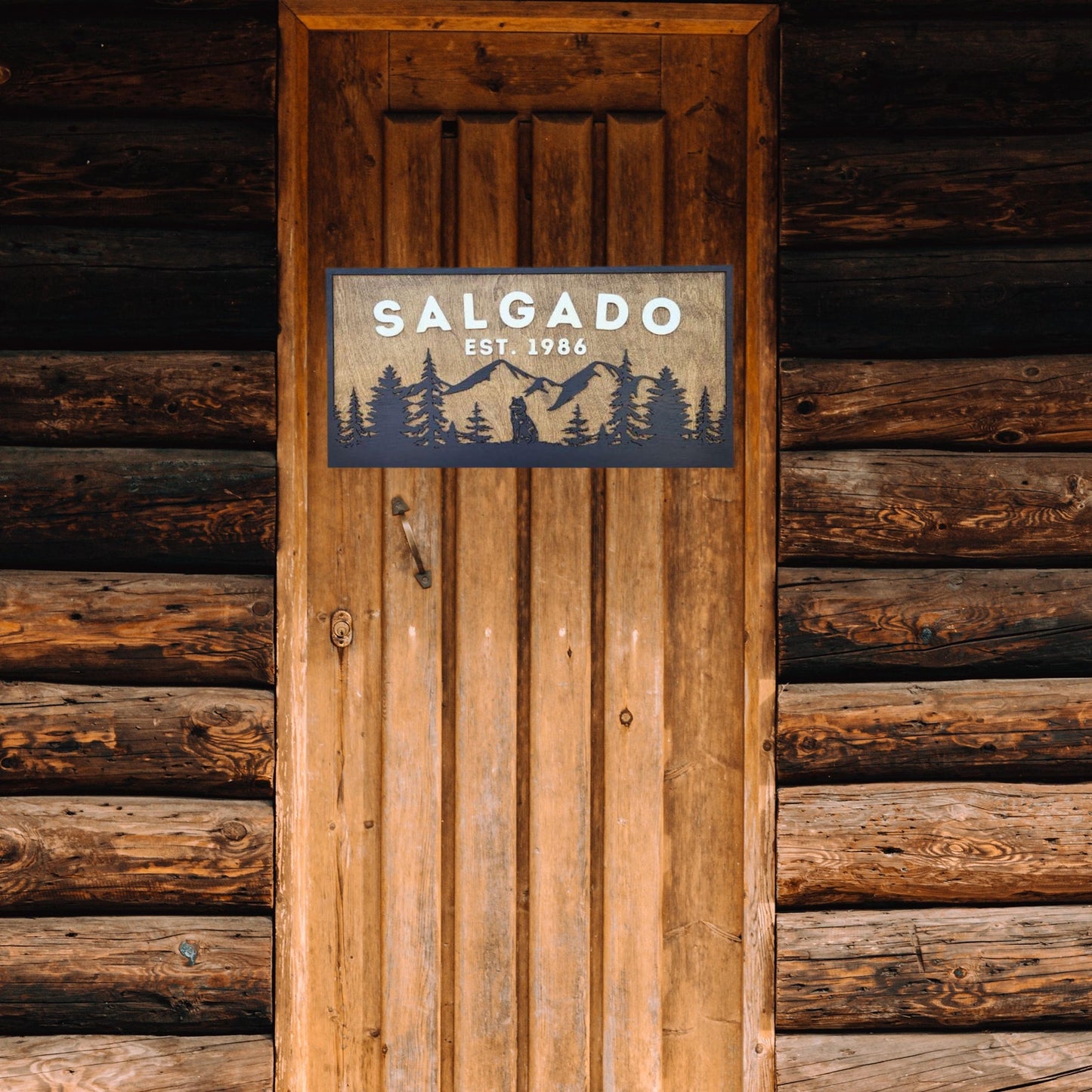 Personalized Rustic Wooden Family Name Sign With Mountain, Trees, and a Wolf