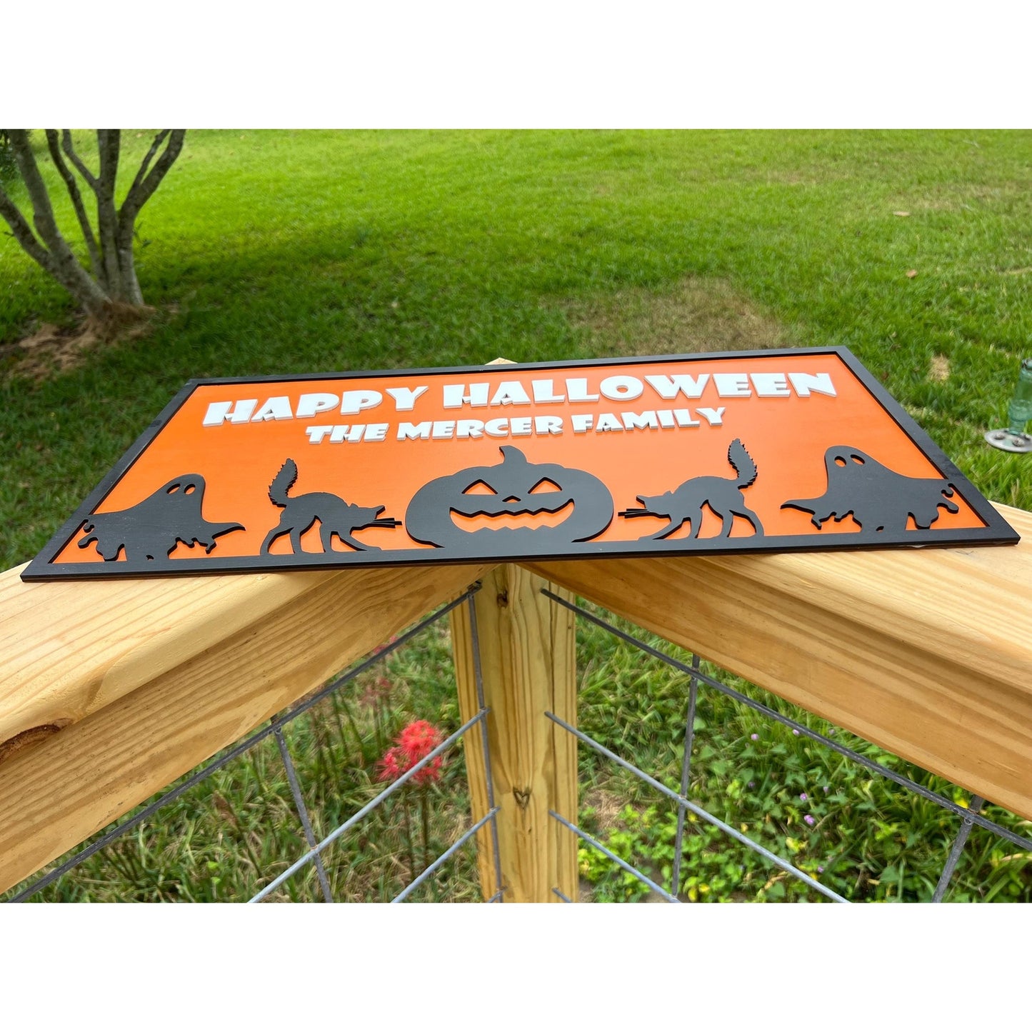 Custom Halloween Sign with Family Name | Spooky Porch, Wall or Front Door Decor | Personalized Ghost, Cat & Pumpkin Silhouette Plaque