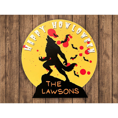 Happy Howloween Halloween Sign Personalized Halloween Werewolf Wall Decor with Family Name Rustic Wooden Door Sign