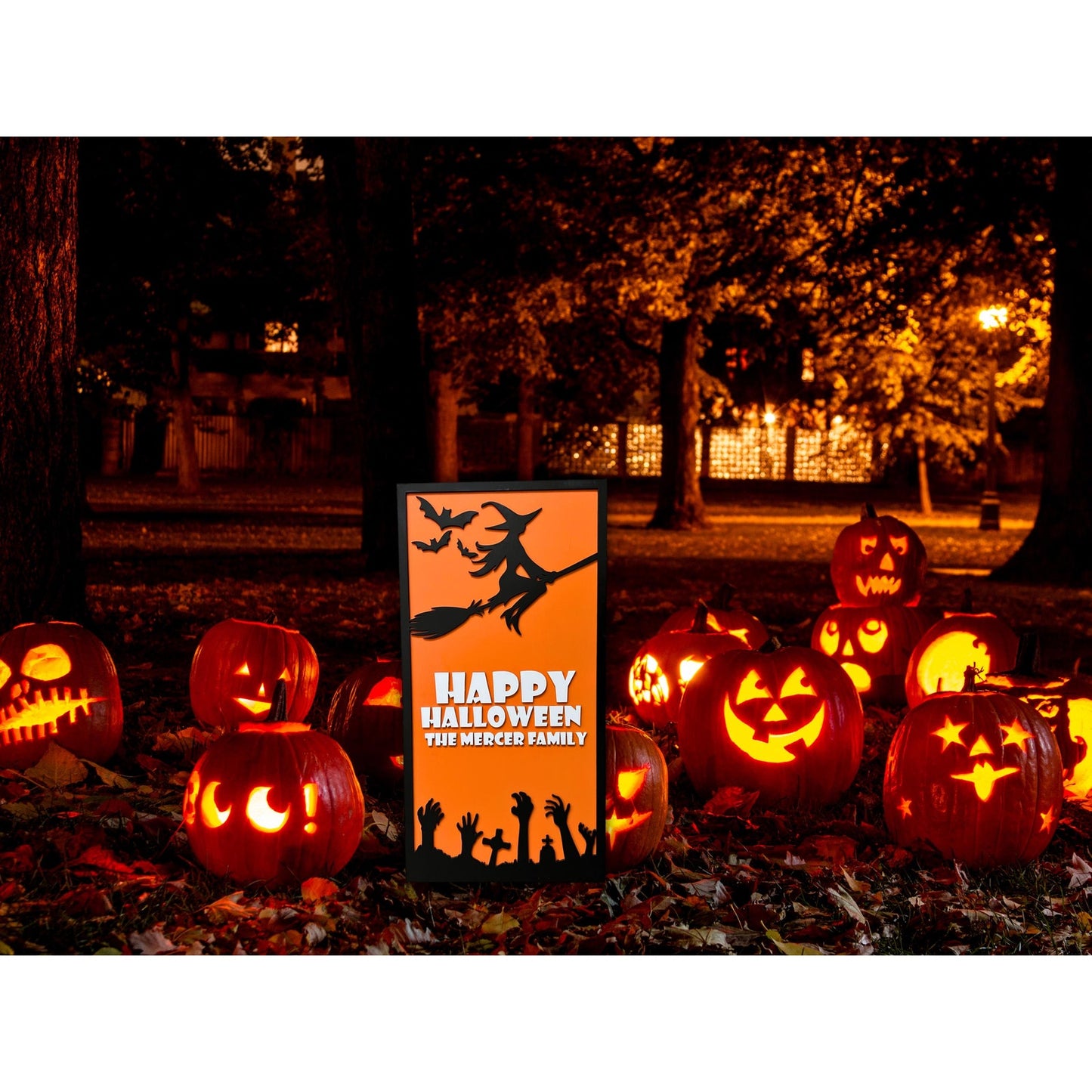 Personalized Halloween Sign: Witch, Bats & Zombie Hands - Custom Family Name