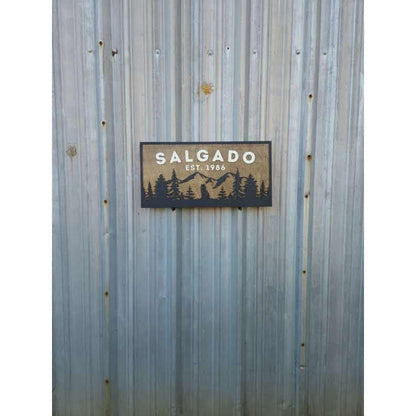 Personalized Rustic Wooden Family Name Sign With Mountain, Trees, and a Wolf