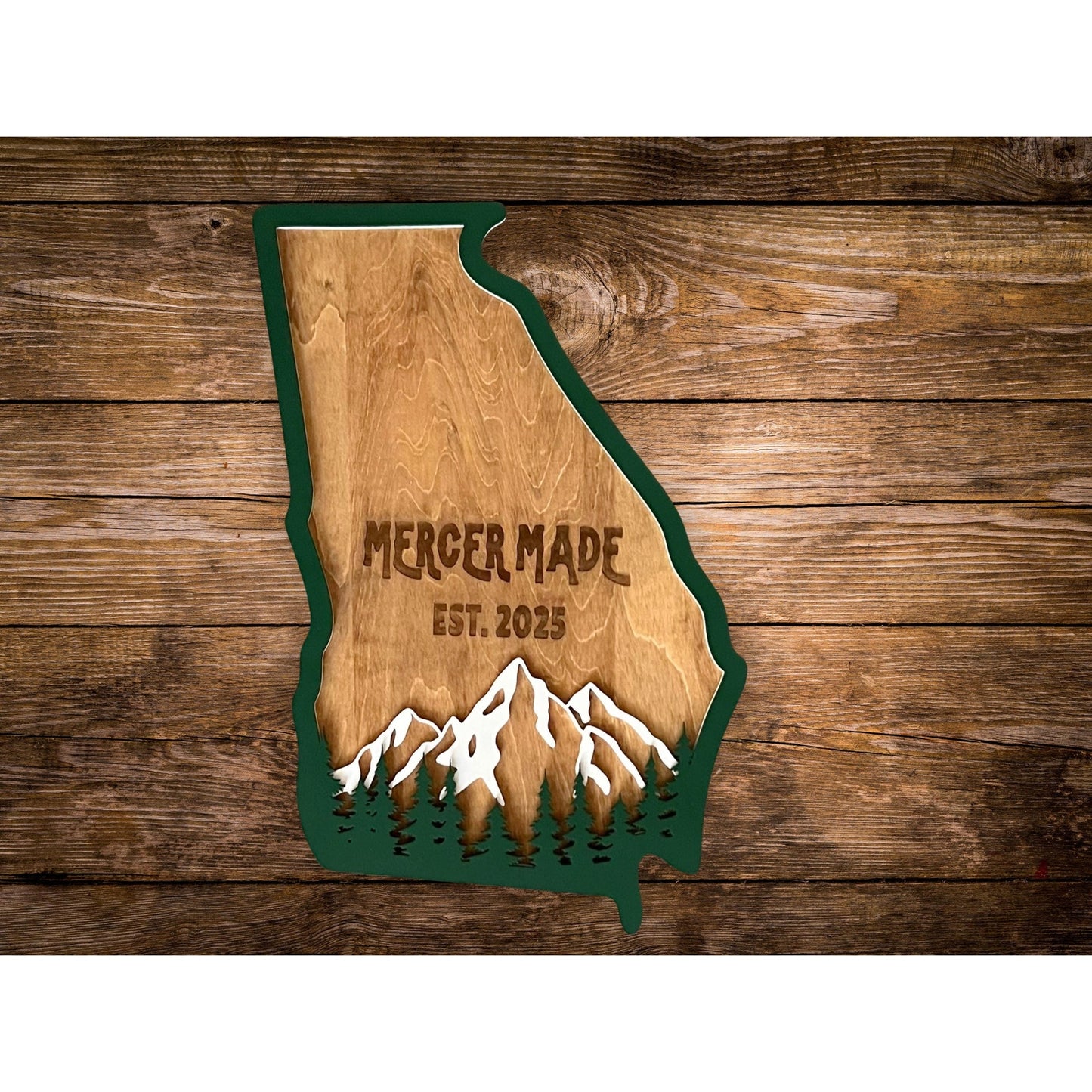 Georgia State Sign Personalized Wooden Wall Decor Custom Family Name Business or Est Year Rustic Layered Mountains and Trees