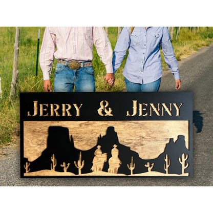 Personalized Western Desert Sign Custom Wooden Wall Decor Rustic Cowboy Silhouette Married Lovers Family Name Plaque