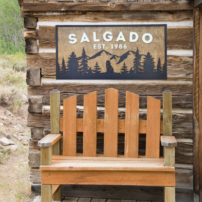 Personalized Rustic Wooden Family Name Sign With Mountain, Trees, and a Wolf