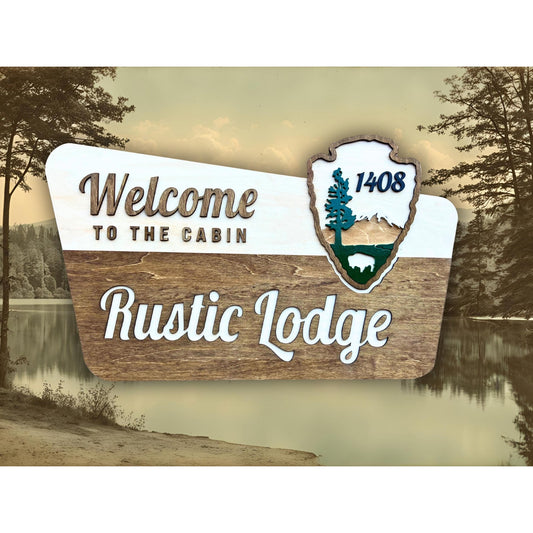 Rustic Wooden Cabin Sign National Park Inspired Personalized Lodge Sign Custom Family Name or House Number Vacation Home Entry Sign