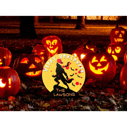 Happy Howloween Halloween Sign Personalized Halloween Werewolf Wall Decor with Family Name Rustic Wooden Door Sign