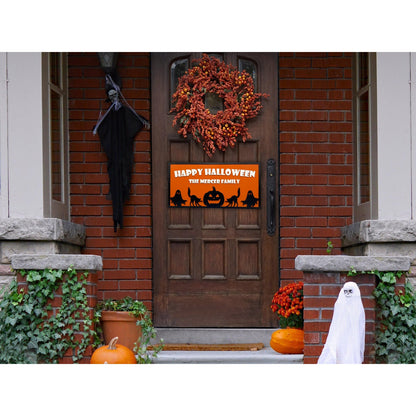 Custom Halloween Sign with Family Name | Spooky Porch, Wall or Front Door Decor | Personalized Ghost, Cat & Pumpkin Silhouette Plaque