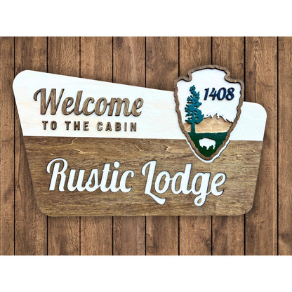Rustic Wooden Cabin Sign National Park Inspired Personalized Lodge Sign Custom Family Name or House Number Vacation Home Entry Sign