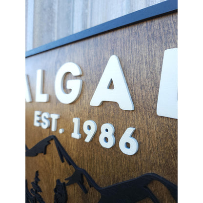 Personalized Rustic Wooden Family Name Sign With Mountain, Trees, and a Wolf