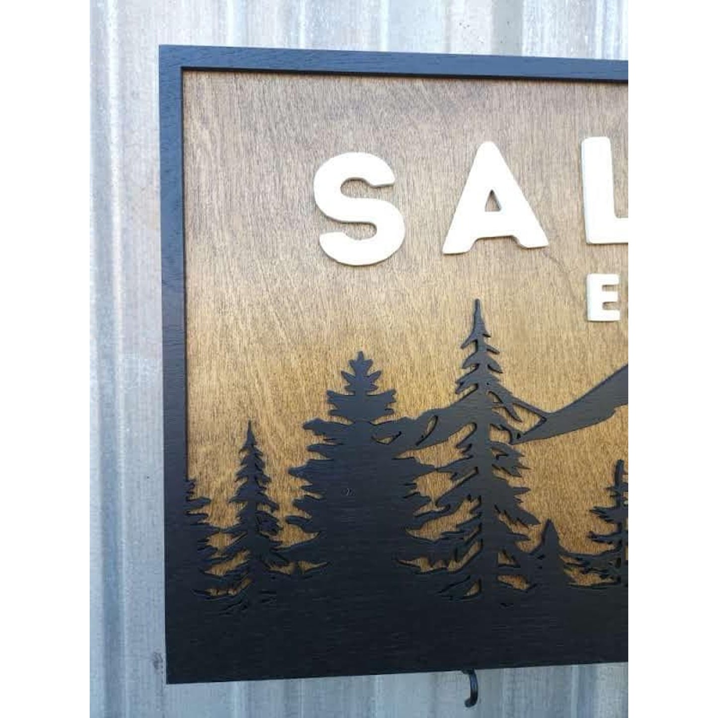 Personalized Rustic Wooden Family Name Sign With Mountain, Trees, and a Wolf