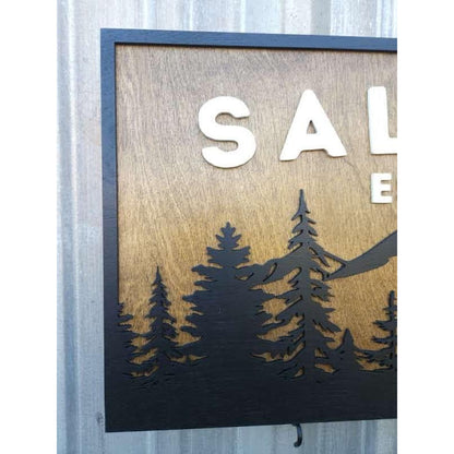 Personalized Rustic Wooden Family Name Sign With Mountain, Trees, and a Wolf