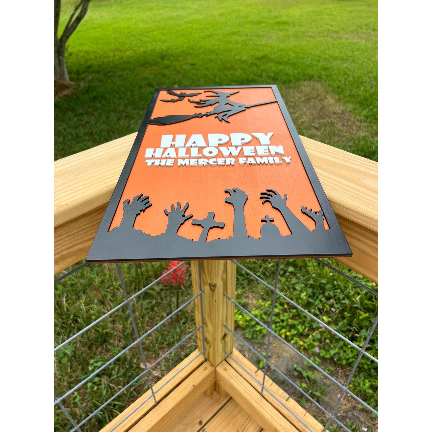 Personalized Halloween Sign: Witch, Bats & Zombie Hands - Custom Family Name