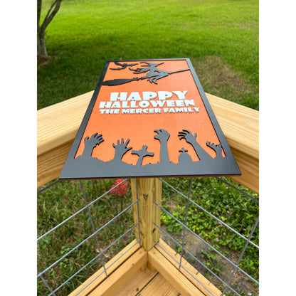 Personalized Halloween Sign: Witch, Bats & Zombie Hands - Custom Family Name