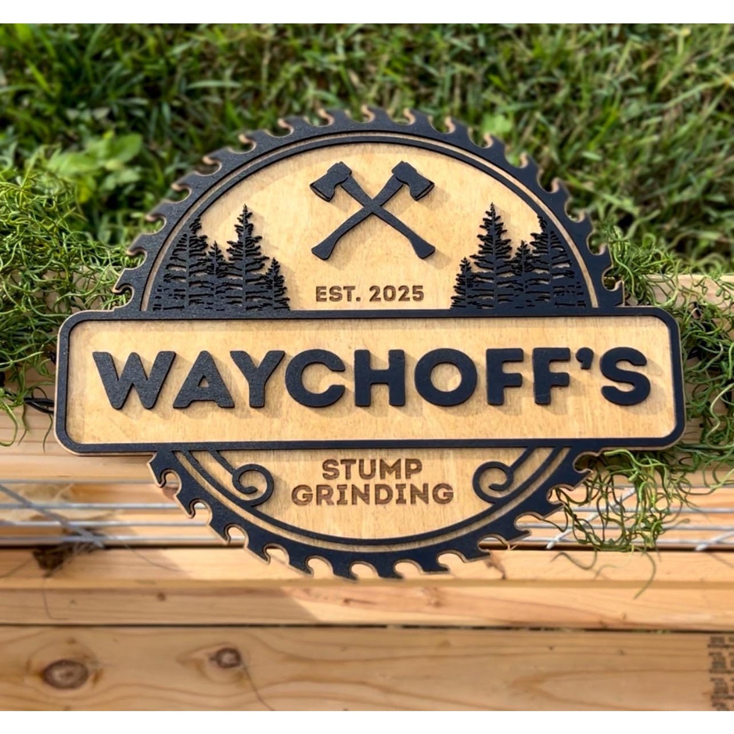 Custom Stump Grinding & Tree Service Laser Cut Wood Logo Sign: Rustic Modern Business Decor (13x11.5 inches)