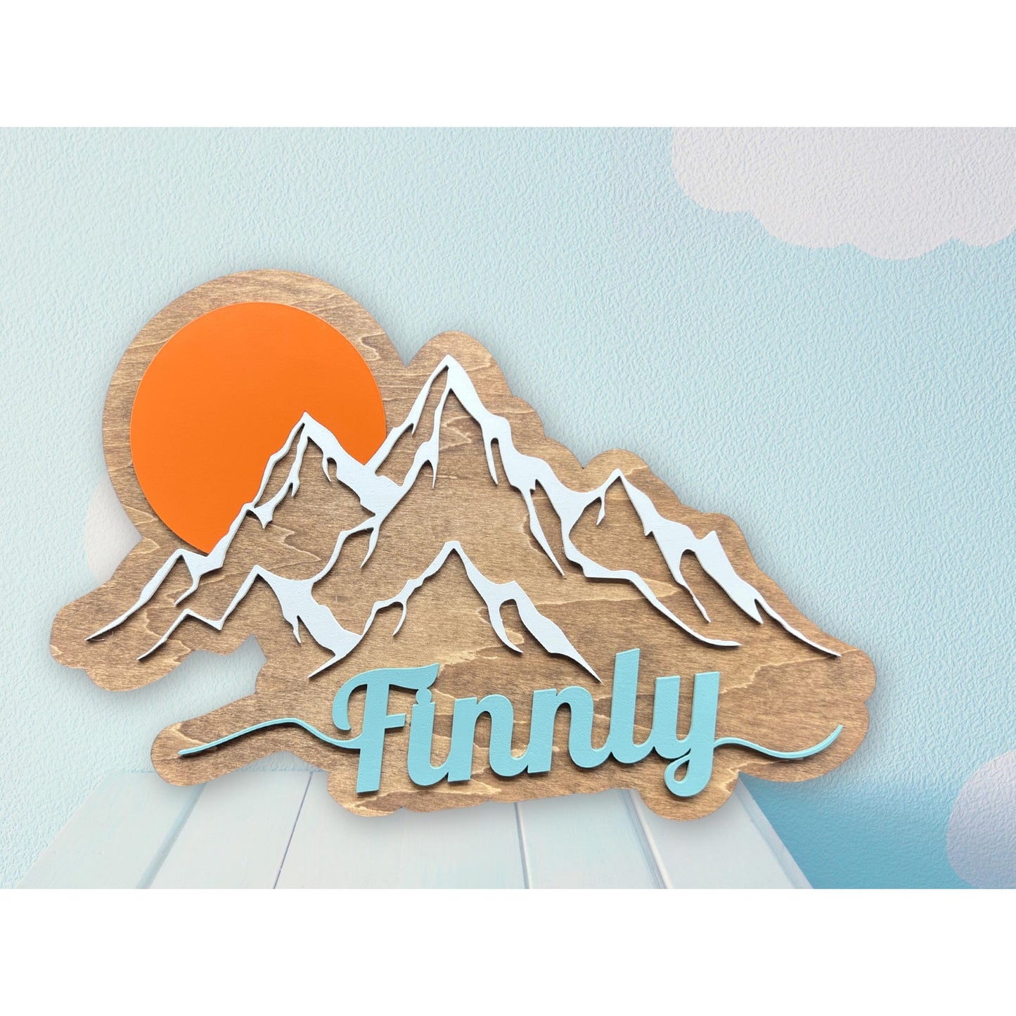 Custom Mountain Name Sign: Rustic Wood Nursery Decor (16"x11.5")