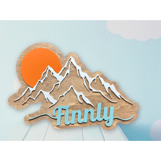 Custom Mountain Name Sign: Rustic Wood Nursery Decor (16"x11.5")