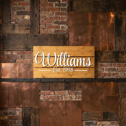 Personalized live edge family name sign in dark stained finish