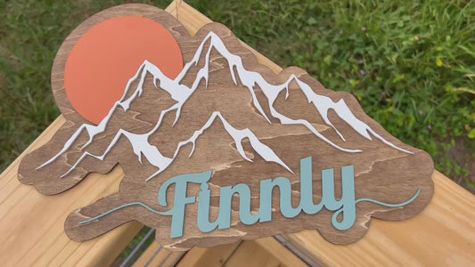 Custom Mountain Name Sign: Rustic Wood Nursery Decor (16"x11.5")