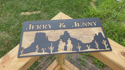 Personalized Western Desert Sign Custom Wooden Wall Decor Rustic Cowboy Silhouette Married Lovers Family Name Plaque