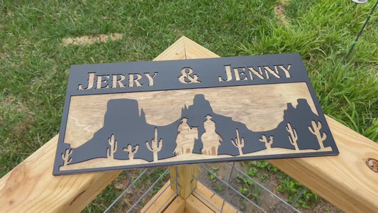 Personalized Western Desert Sign Custom Wooden Wall Decor Rustic Cowboy Silhouette Married Lovers Family Name Plaque