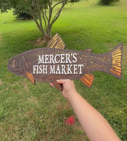 Personalized Fish Market Sign Custom Wooden Business Sign Rustic Wall Decor Family Name Fishing Cabin Plaque