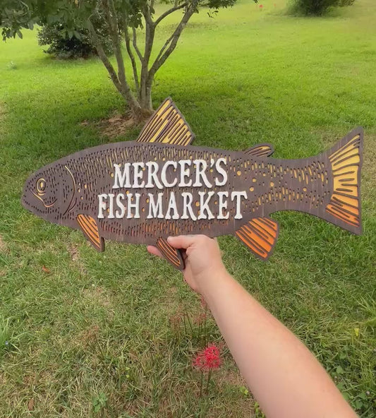 Personalized Fish Market Sign Custom Wooden Business Sign Rustic Wall Decor Family Name Fishing Cabin Plaque