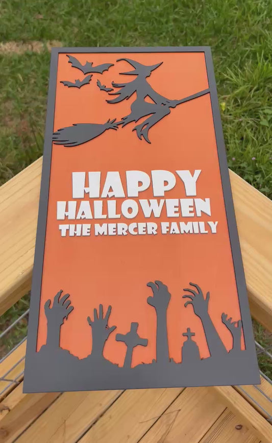 Personalized Halloween Sign: Witch, Bats & Zombie Hands - Custom Family Name