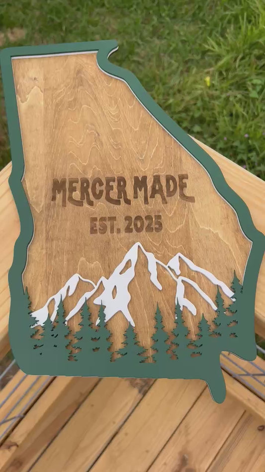 Georgia State Sign Personalized Wooden Wall Decor Custom Family Name Business or Est Year Rustic Layered Mountains and Trees