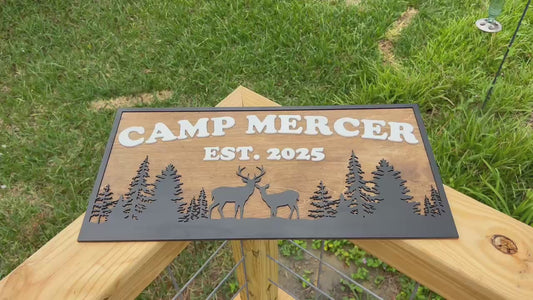 Custom Camp Sign with Deer & Trees | Personalized Cabin, Lake House, River House, Hunting Camp, Man Cave or Bar Decor