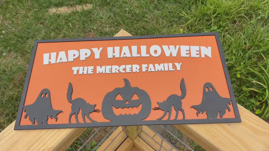 Custom Halloween Sign with Family Name | Spooky Porch, Wall or Front Door Decor | Personalized Ghost, Cat & Pumpkin Silhouette Plaque